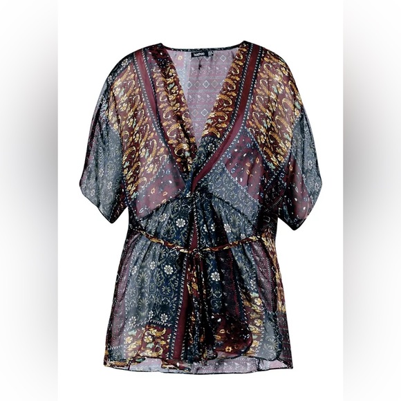 Boohoo Boho Patchwork Print Tie Front Blouse - Picture 3 of 5